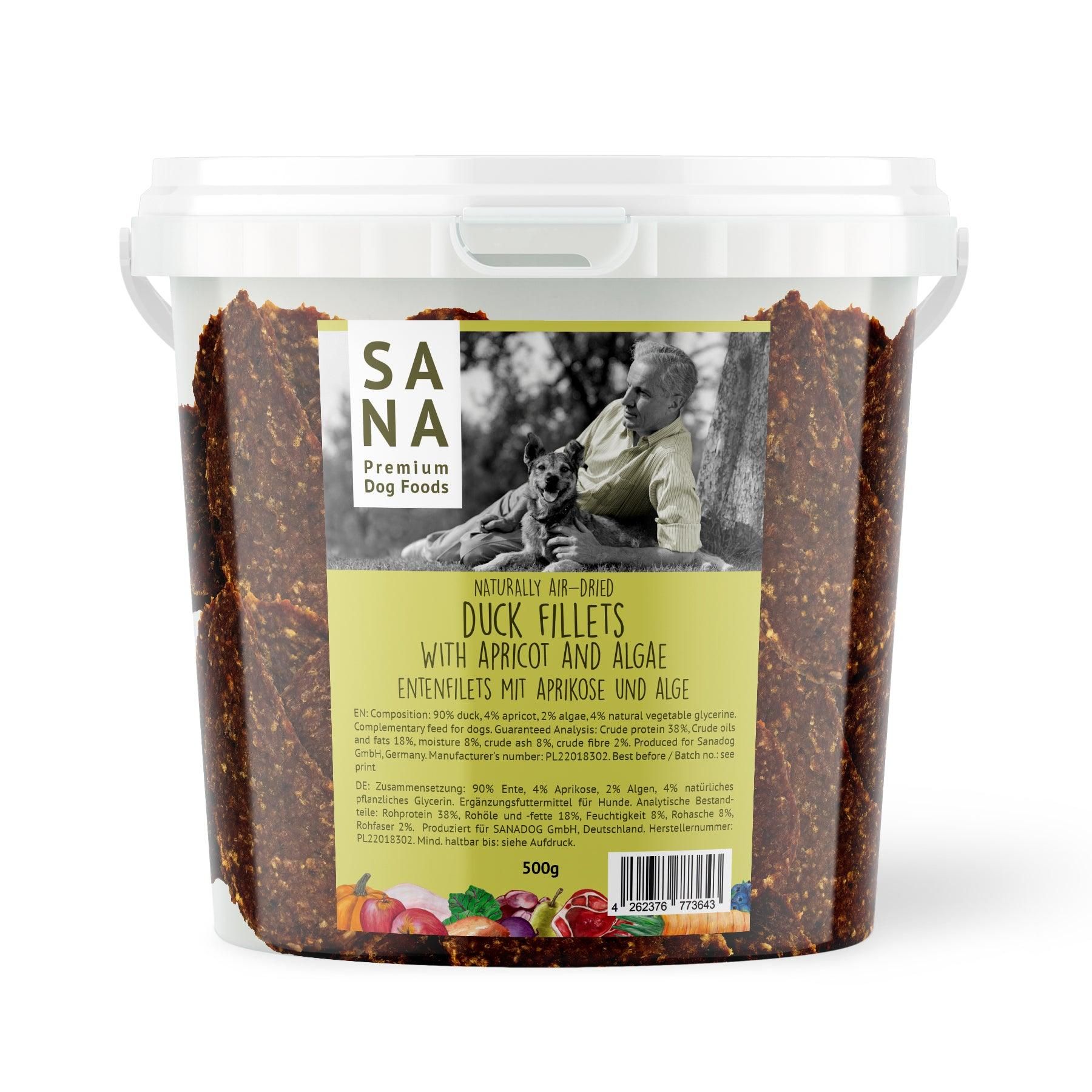 Sanadog Entenfilets mit Alge Aprikose (500g-Eimer) - 0,5 Kilogramm Essen, Getreide, Müsli, Produzieren, Person