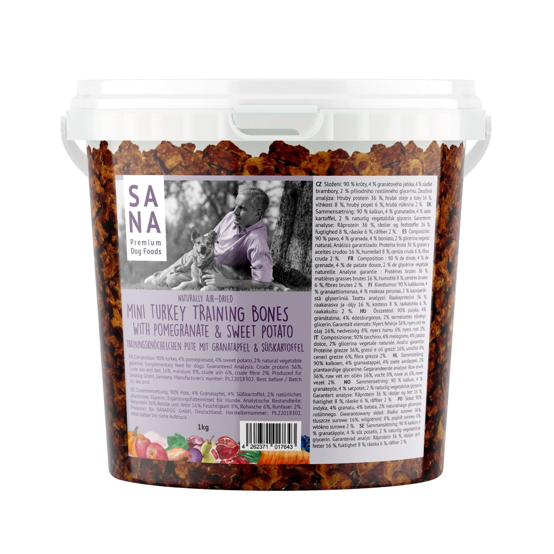 Sanadog Trainingsknöchelchen Pute mit Granatapfel Süßkartoffel (1kg-Eimer) - 1 Kilogramm Essen, Getreide, Müsli, Produzieren, Person