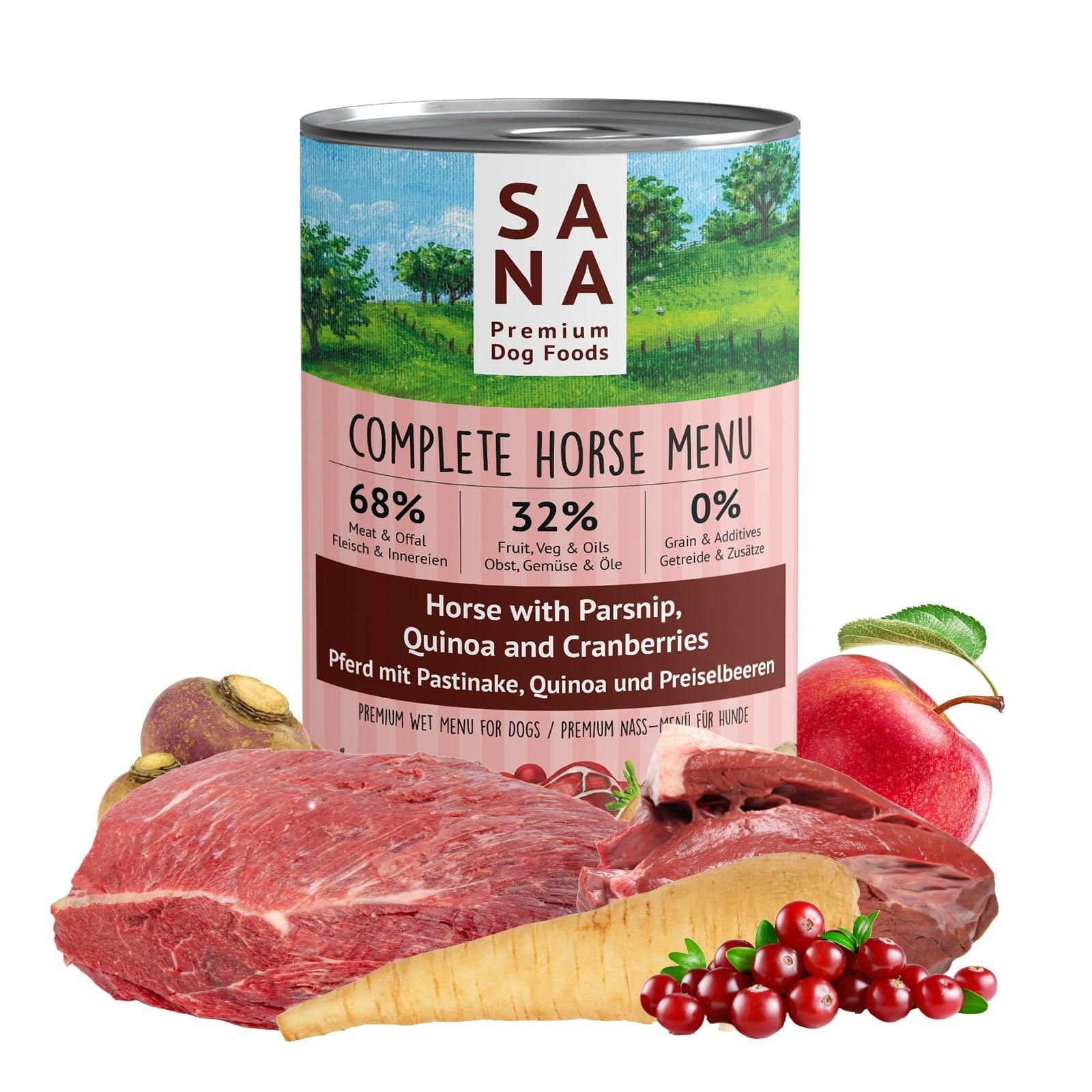 Sanadog (6 x 800g) Nass-Menü Pferd mit Pastinake, Quinoa und Preiselbeeren - 0,8 Kilogramm Sanadog (6 x 800g) Nass-Menü Pferd mit Pastinake, Quinoa und Preiselbeeren - 0,8 Kilogramm