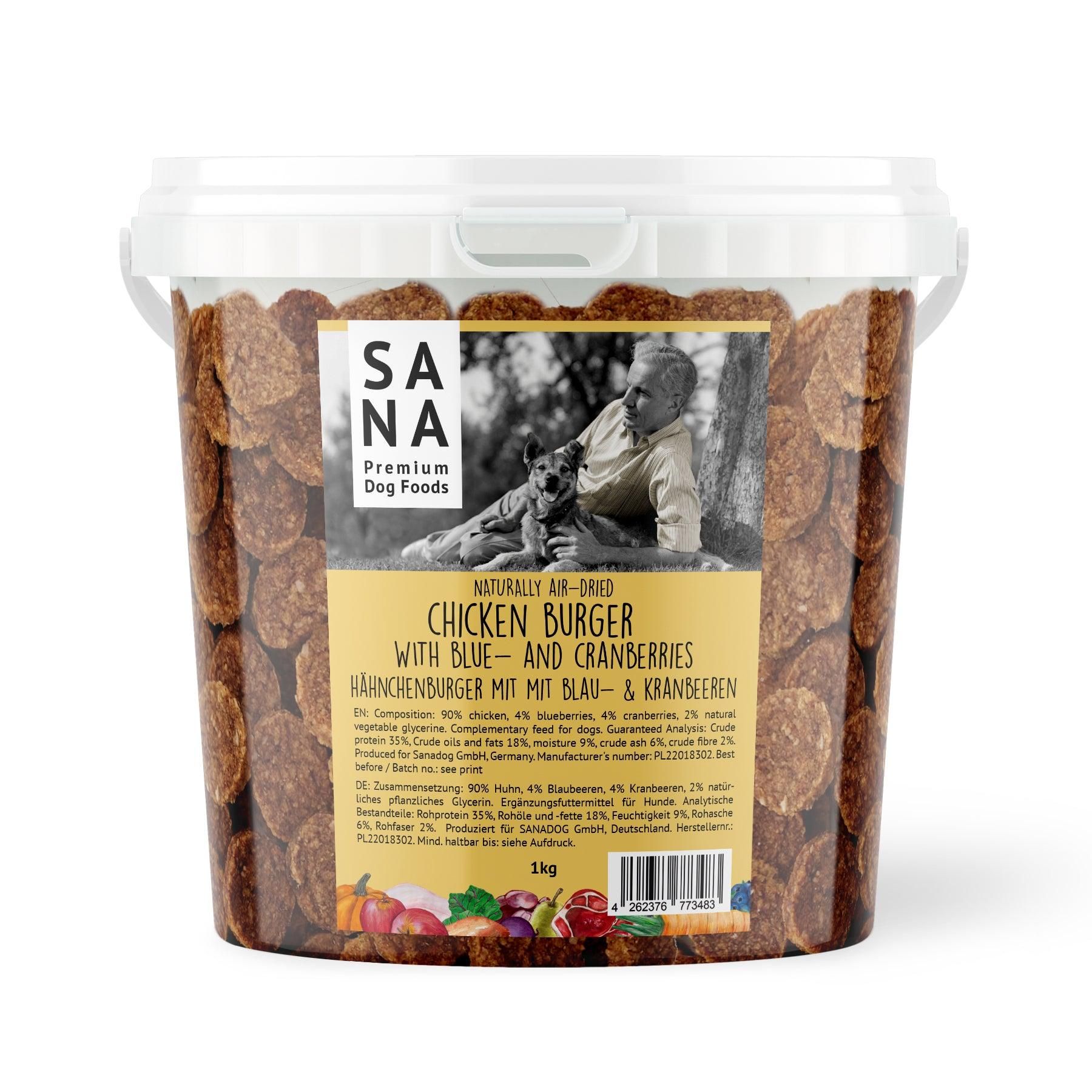 Sanadog Hähnchenburger mit Blau- Kranbeeren (800g-Eimer) - 0,8 Kilogramm Produzieren, Erwachsener, Männlich, Mann, Person