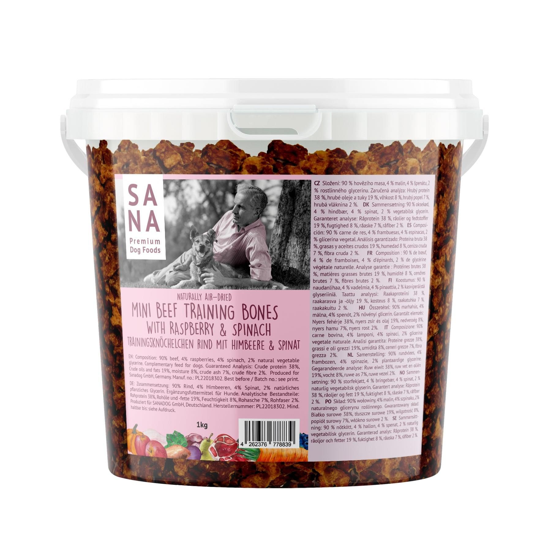 Sanadog Trainingsknöchelchen Rind mit Himbeeren und Spinat (1kg-Eimer) - 1 Kilogramm Essen, Getreide, Müsli, Produzieren, Person