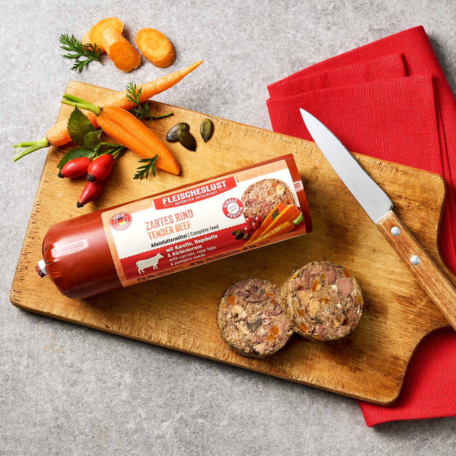 Fleischeslust Zartes Rind mit Karotte, Hagebutte Kürbiskernen 400 g