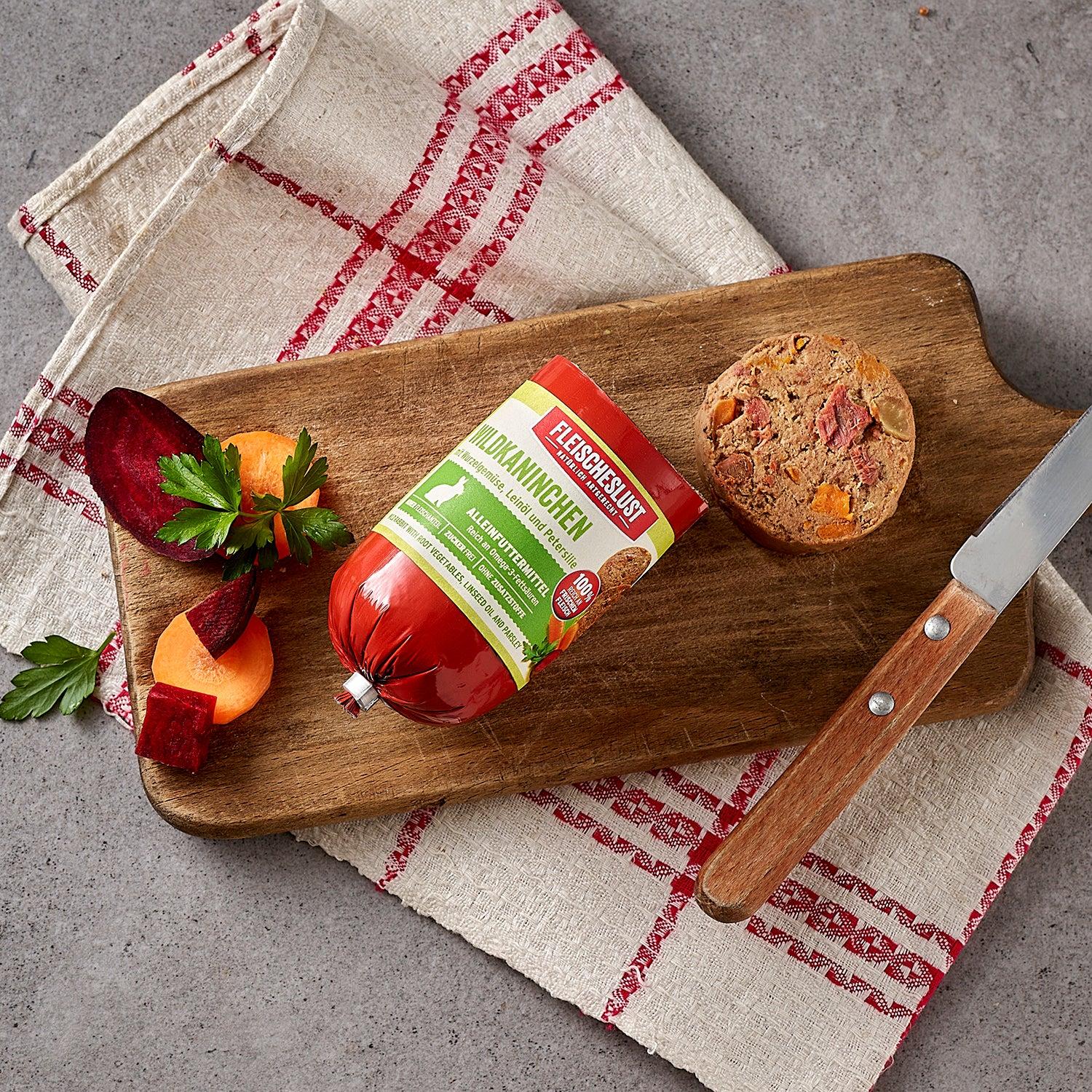 Fleischeslust Wildkaninchen mit Wurzelgemüse, Leinöl und Petersilie 200 g