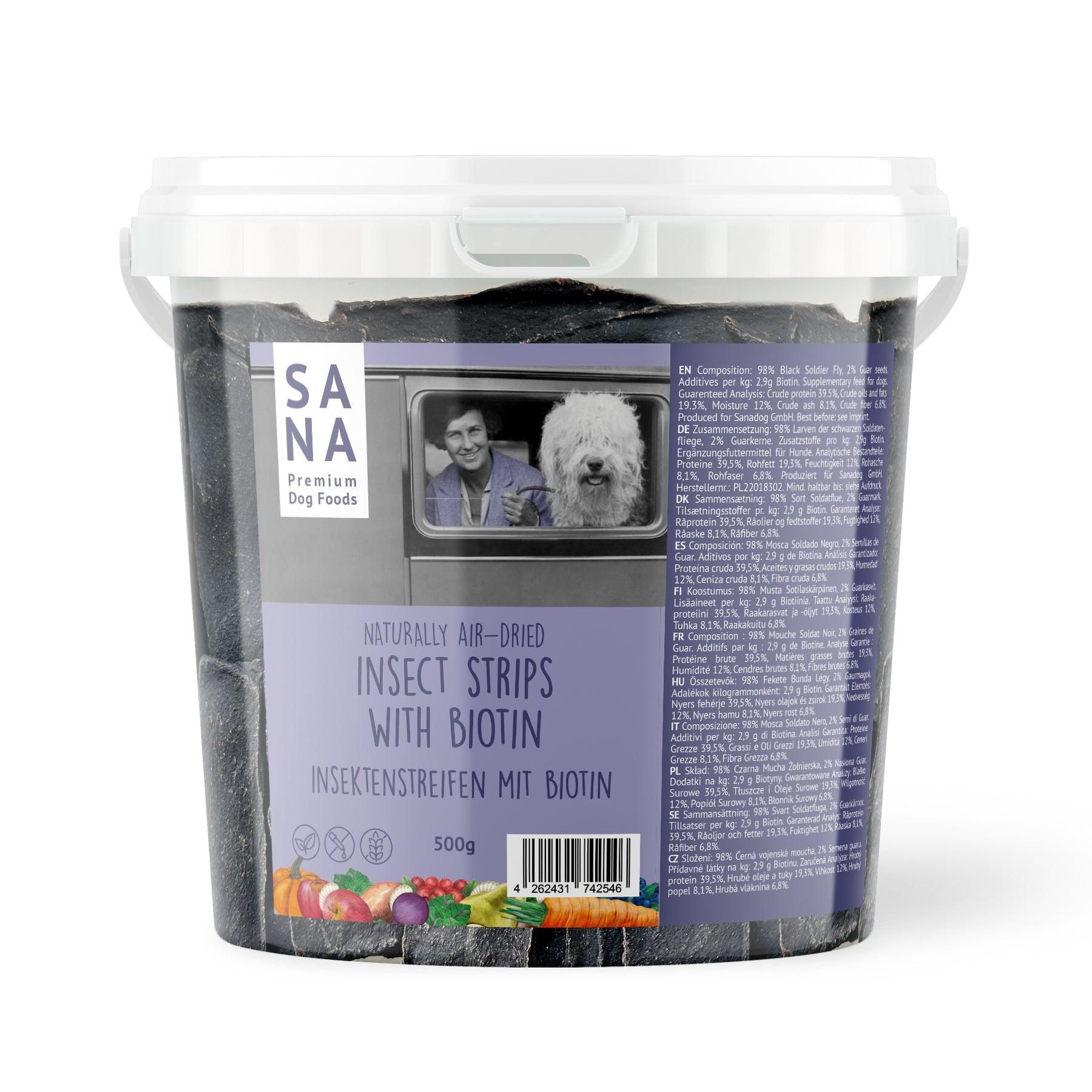 Sanadog *Insekten Streifen mit Biotin (500g-Eimer) - 0,5 Kilogramm Erwachsener, Weiblich, Person, Frau, Hund