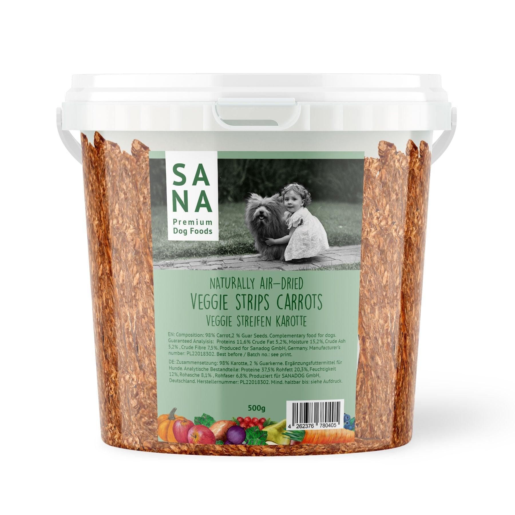 Sanadog Veggie Streifen Karotte (500g-Eimer) - 0,5 Kilogramm Tier, Hund, Säugetier, Haustier