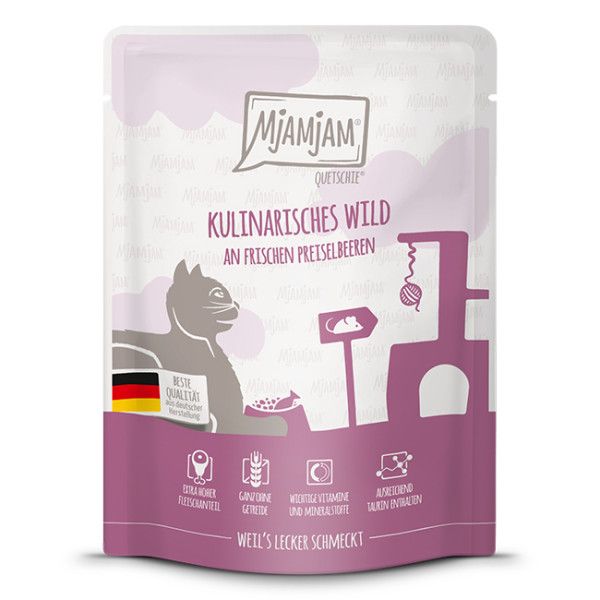 Mjamjam - Quetschie - kulinarisches Wild an frischen Preiselbeeren 300g Werbung, Plakat