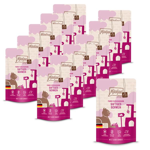 Mjamjam - Quetschie Purer Fleischgenuss - saftiges Schwein pur 12 x 125g Werbung, Plakat