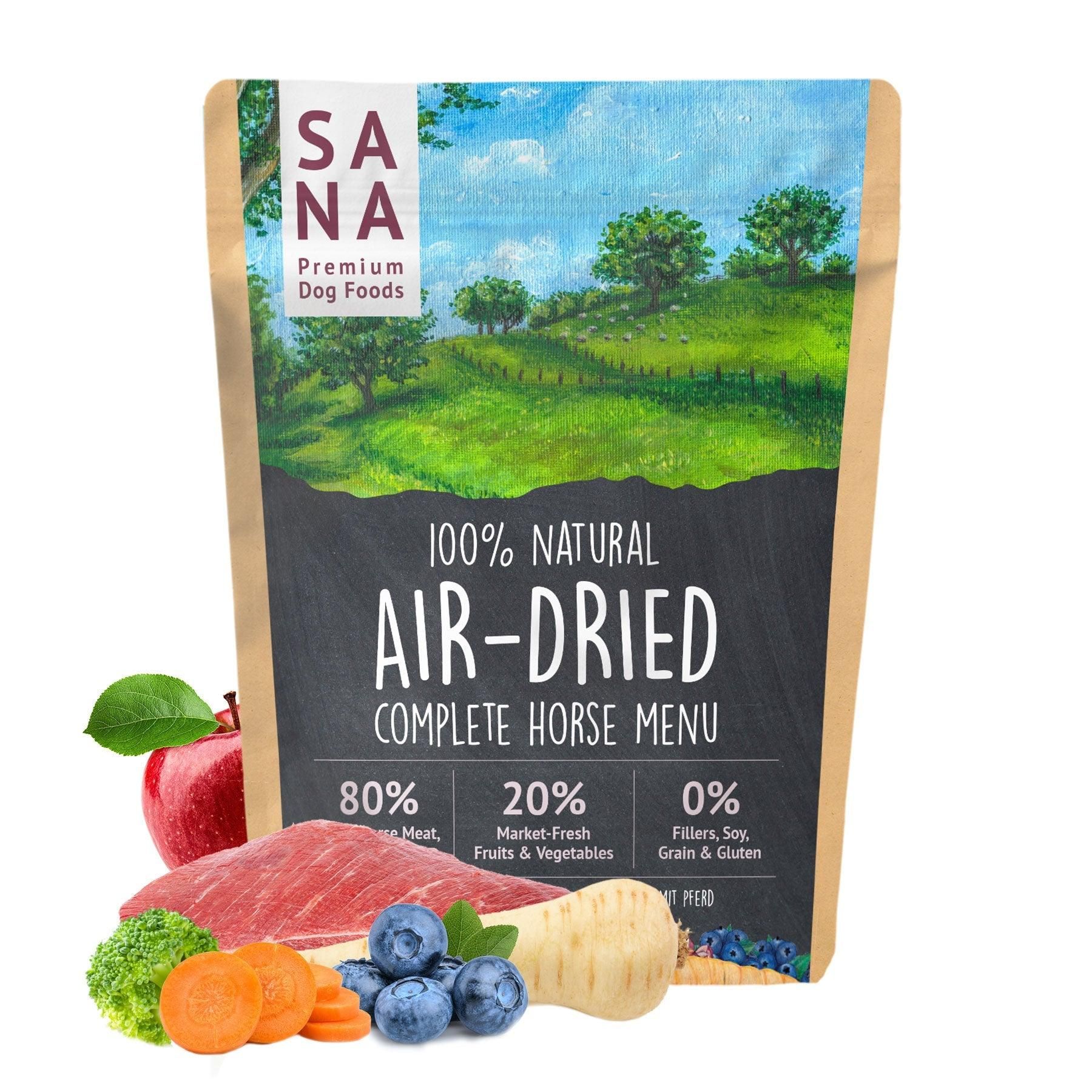 Sanadog Trocken Menü Pferd - 1 Kilogramm Werbung, Beere, Essen, Produzieren, Plakat