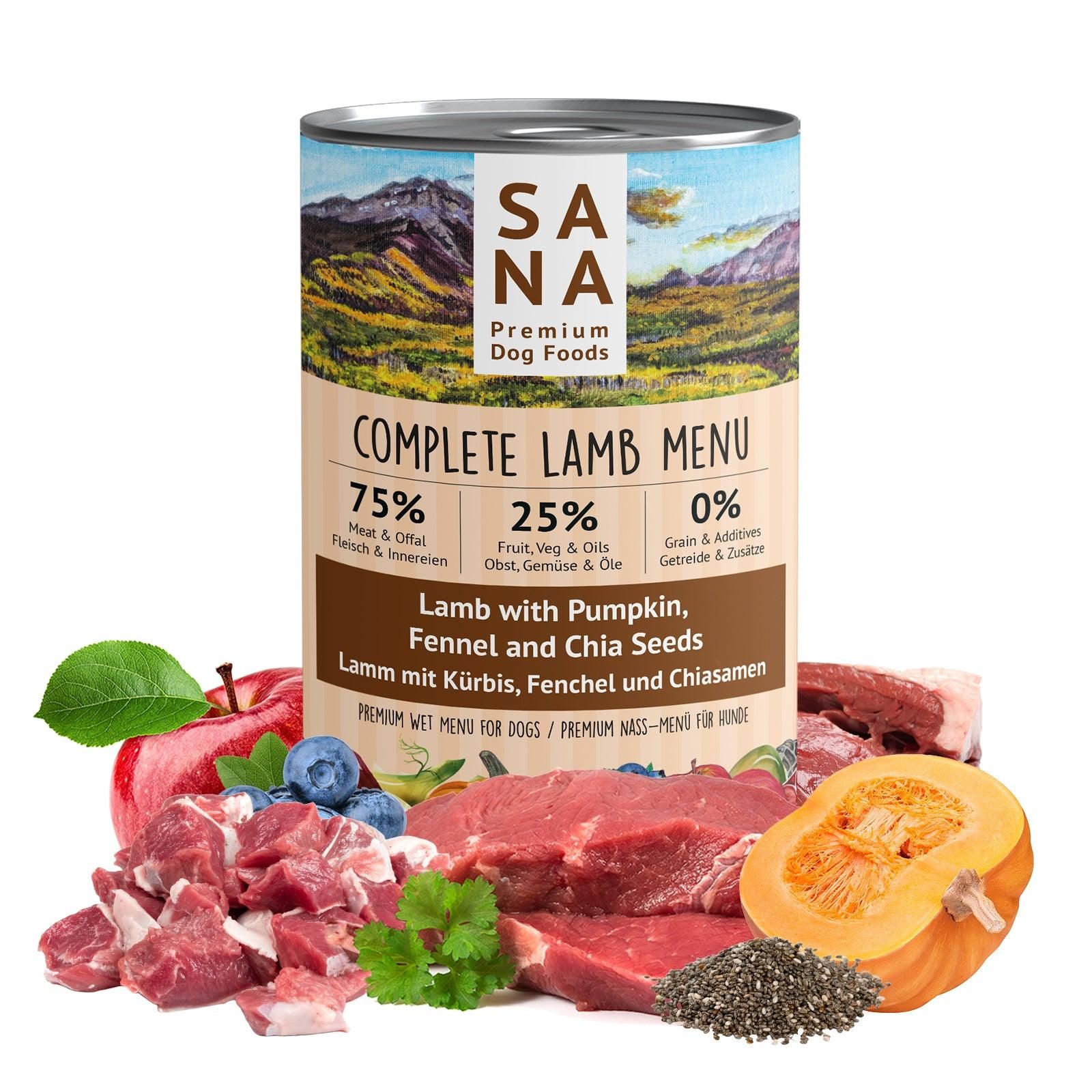 Sanadog (6 x 800g) Nass-Menü Lamm mit Kürbis, Fenchel und Chiasamen - 0,8 Kilogramm Zinn