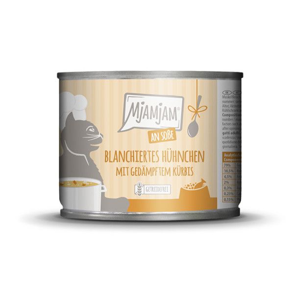 Mjamjam blanchiertes Hühnchen mit gedämpftem Kürbis an Soße 185g Zinn, Kann, Tasse, Aluminium
