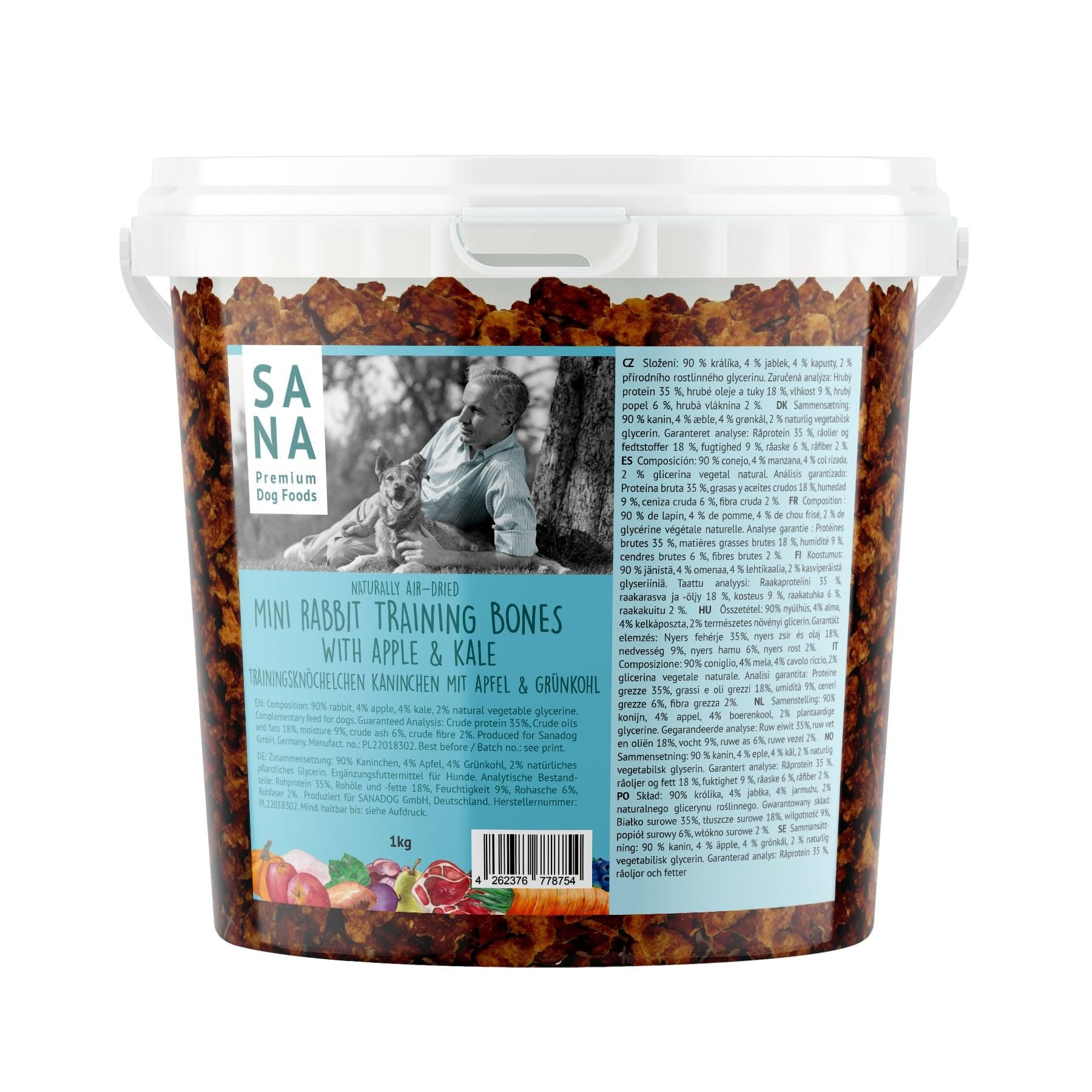 Sanadog Trainingsknöchelchen Kaninchen mit Apfel und Grünkohl (1kg-Eimer) - 1 Kilogramm Müsli, Erwachsener, Männlich, Mann, Person