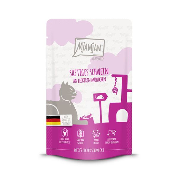 Mjamjam - Quetschie - saftiges Schwein an leckeren Möhrchen 125g Werbung, Plakat