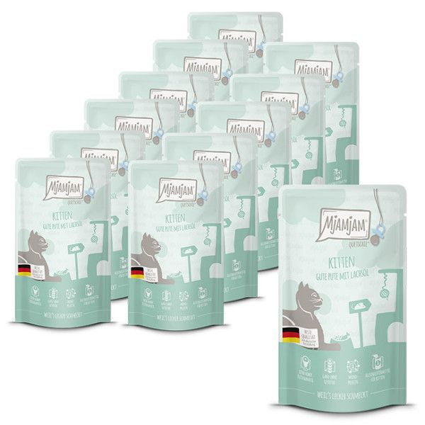 Mjamjam - Quetschie - Kitten gute Pute mit Lachsöl 12 x 125g Werbung, Plakat, Erwachsener, Person, Frau