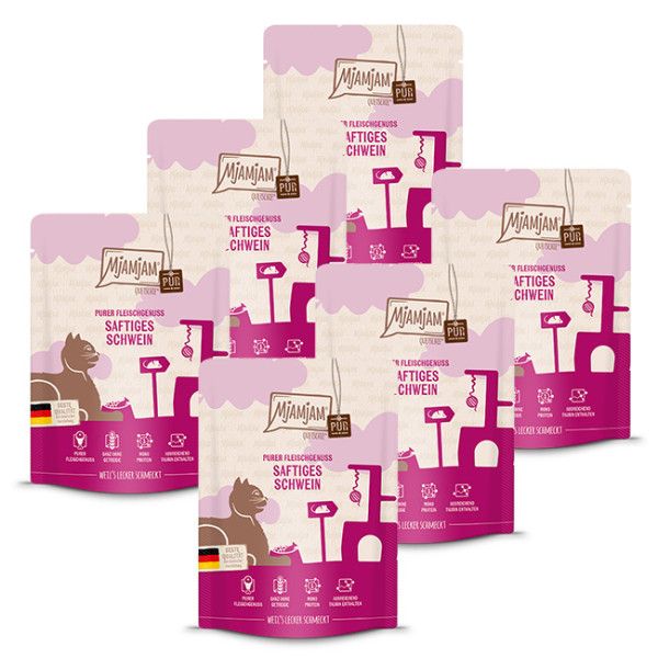 Mjamjam - Quetschie Purer Fleischgenuss - saftiges Schwein pur 6 x 300g Werbung, Plakat