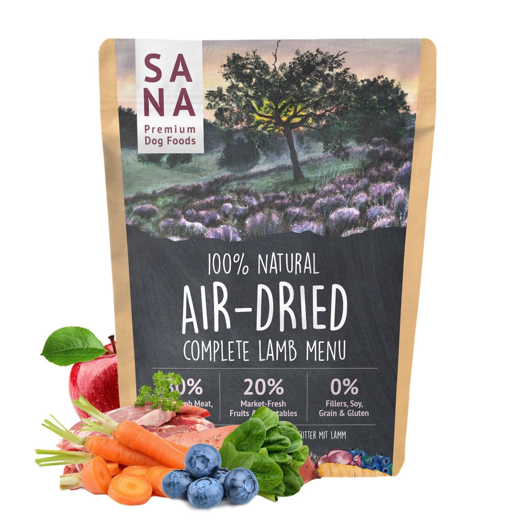 Sanadog Trocken Menü Lamm - 1 Kilogramm Werbung, Plakat, Beere, Essen, Produzieren