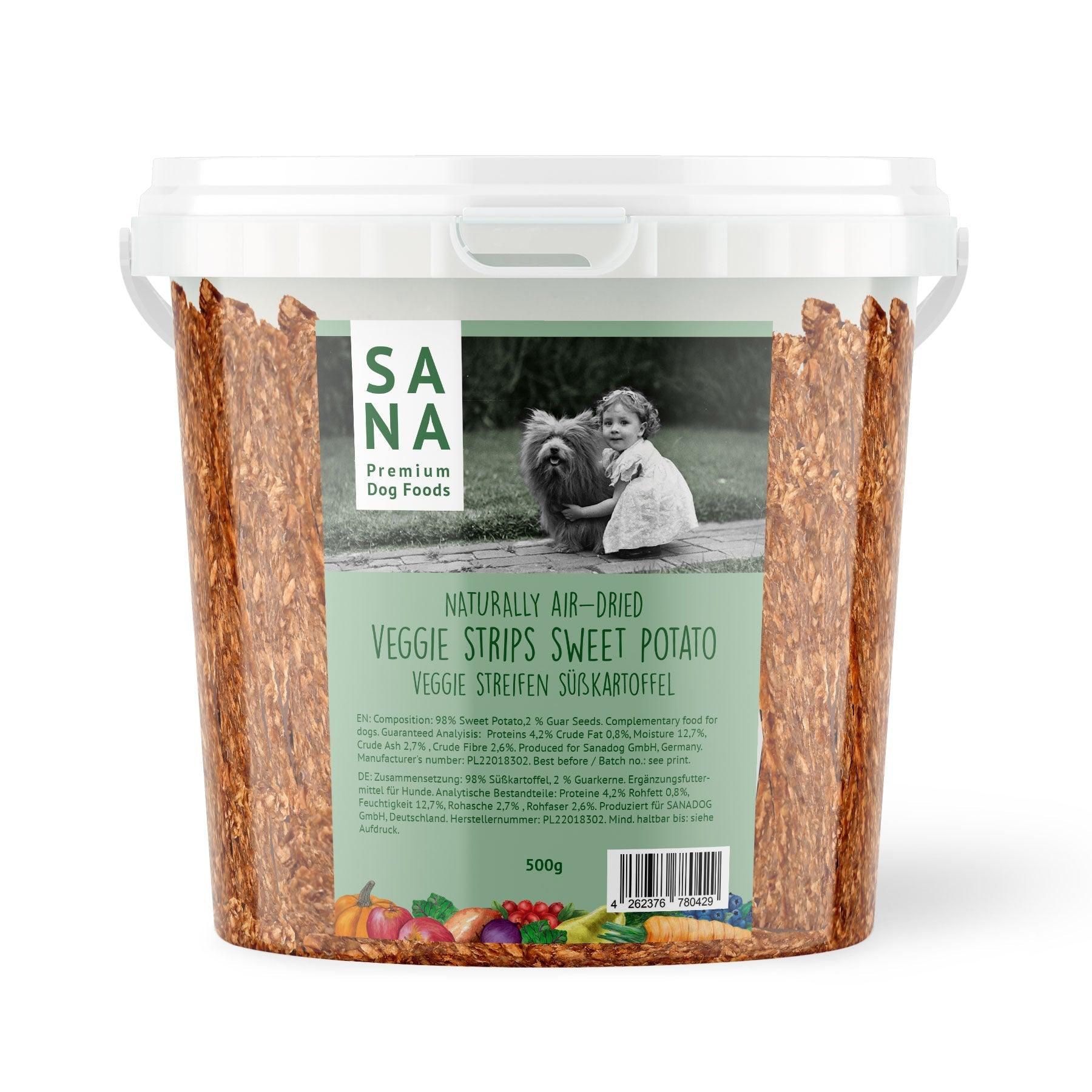 Sanadog Veggie Streifen Süßkartoffel (500g-Eimer) - 0,5 Kilogramm Tier, Hund, Säugetier, Haustier