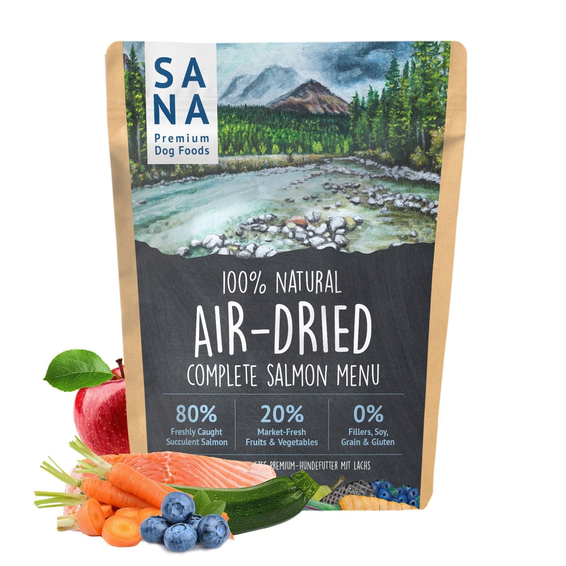 Sanadog Trocken Menü Lachs - 1 Kilogramm Werbung, Plakat, Beere, Produzieren, Blaubeere